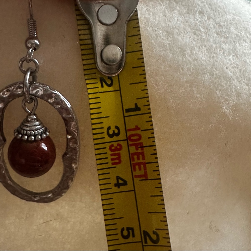 Silver and Red Oval Hoop Earrings with Textured Finish - Picture 4 of 4